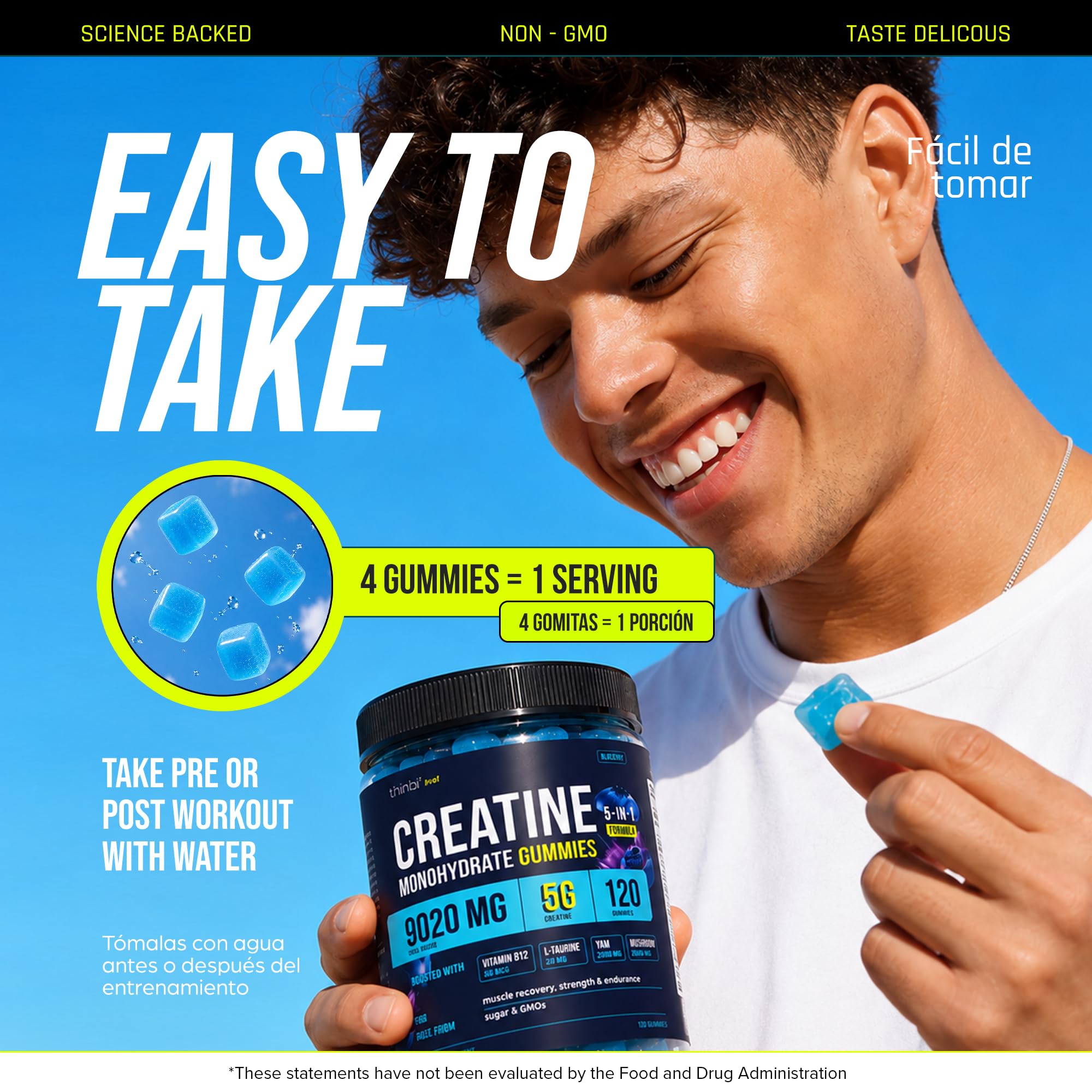 Thinbi Creatine Gummies jar, 4 gummies = 1 serving